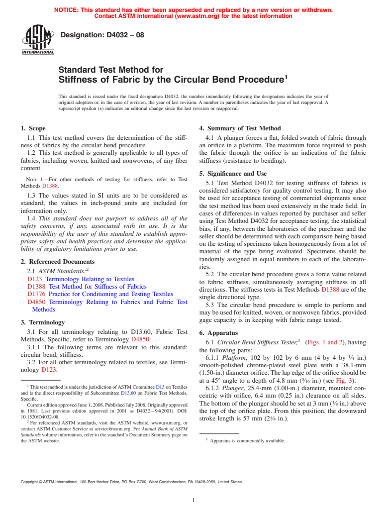 ASTM D4032-08 - Standard Test Method for Stiffness of Fabric by the Circular Bend Procedure