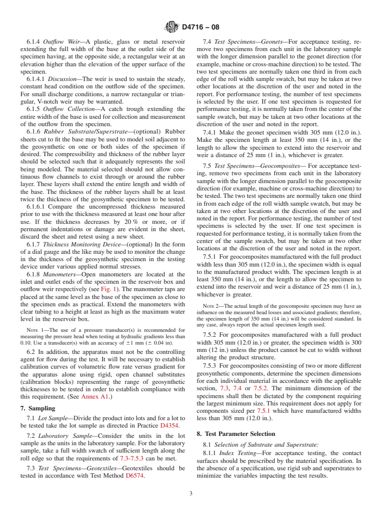 ASTM D4716-08 - Standard Test Method for  Determining the (In-plane) Flow Rate per Unit Width and Hydraulic Transmissivity of a Geosynthetic Using a Constant Head