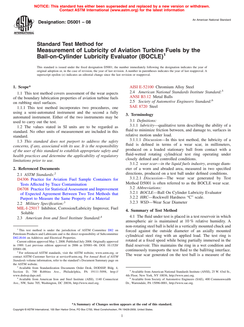 ASTM D5001-08 - Standard Test Method for Measurement of Lubricity of Aviation Turbine Fuels by the Ball-on-Cylinder Lubricity Evaluator (BOCLE)