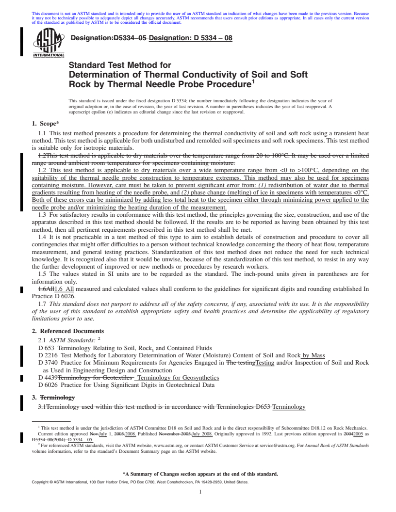 REDLINE ASTM D5334-08 - Standard Test Method for Determination of Thermal Conductivity of Soil and Soft Rock by Thermal Needle Probe Procedure