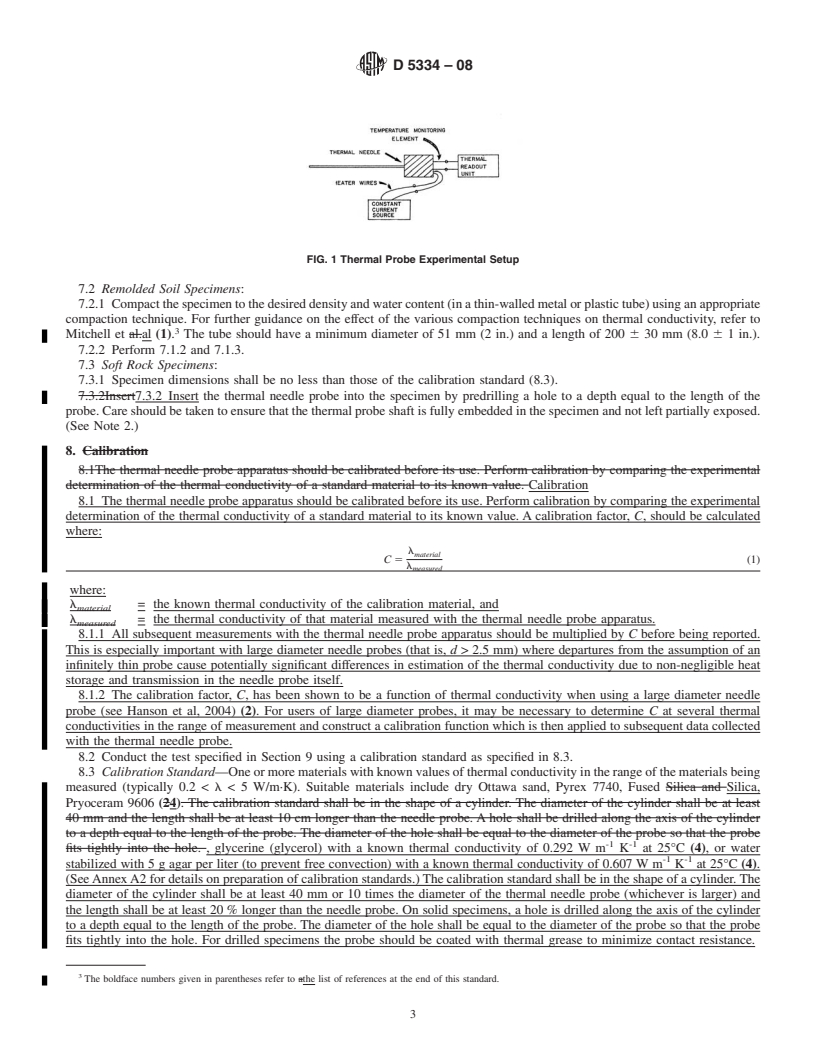 REDLINE ASTM D5334-08 - Standard Test Method for Determination of Thermal Conductivity of Soil and Soft Rock by Thermal Needle Probe Procedure