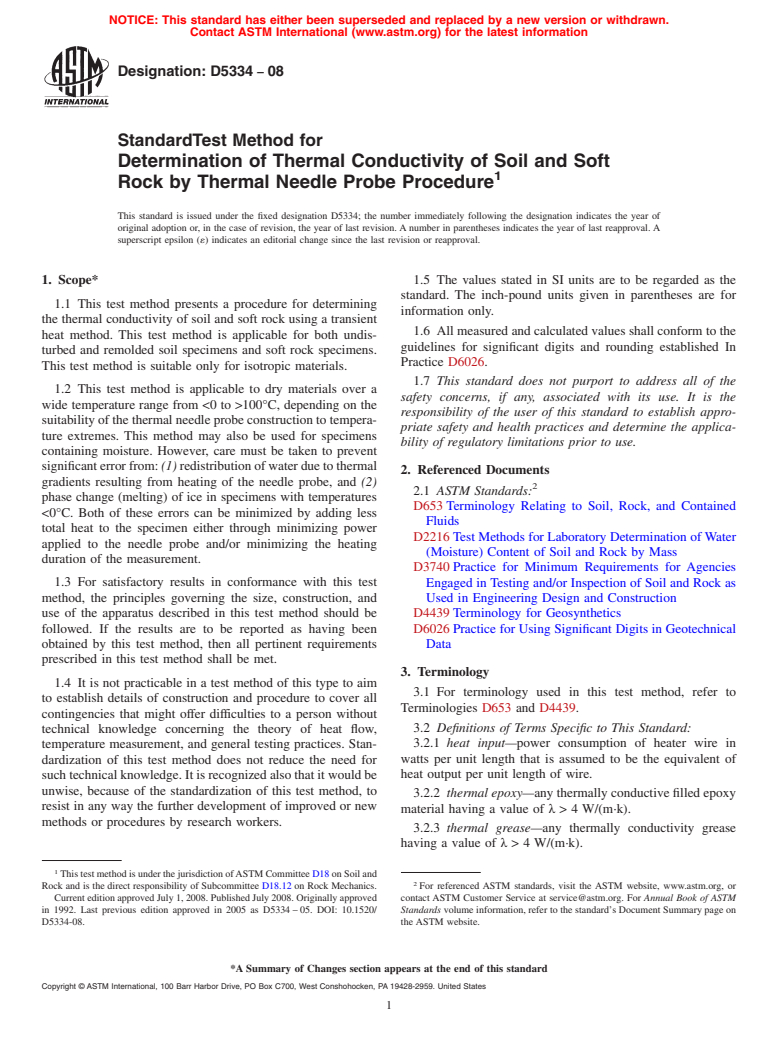 ASTM D5334-08 - Standard Test Method for Determination of Thermal Conductivity of Soil and Soft Rock by Thermal Needle Probe Procedure