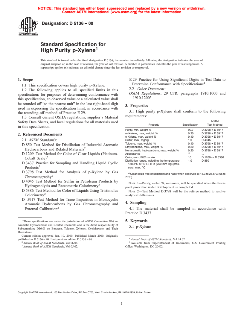 ASTM D5136-00 - Standard Specification for High Purity p-Xylene