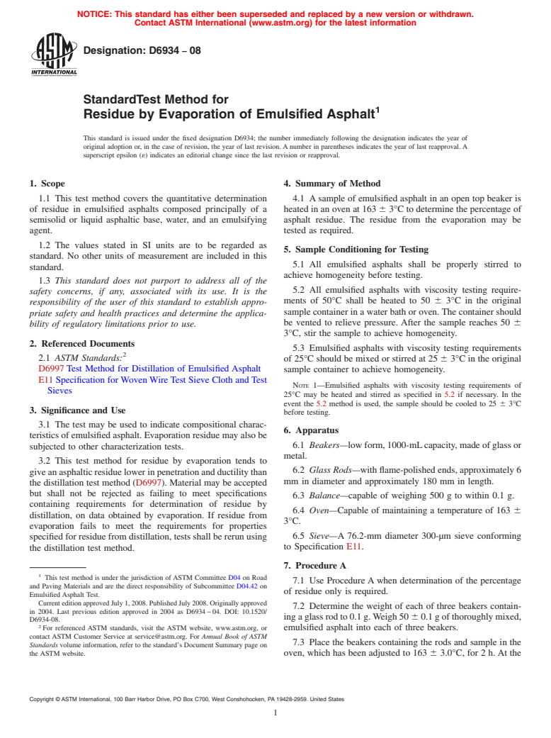 ASTM D6934-08 - Standard Test Method for Residue by Evaporation of Emulsified Asphalt