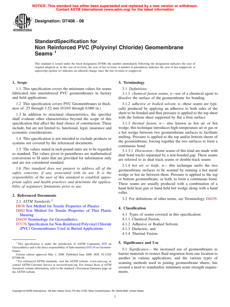 ASTM D7408-08 - Standard Specification for Non Reinforced PVC (Polyvinyl Chloride) Geomembrane Seams