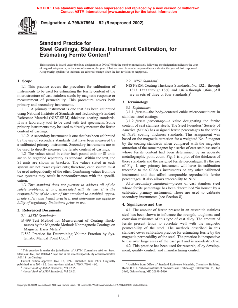 ASTM A799/A799M-92(2002) - Standard Practice for Steel Castings, Stainless, Instrument Calibration, for Estimating Ferrite Content