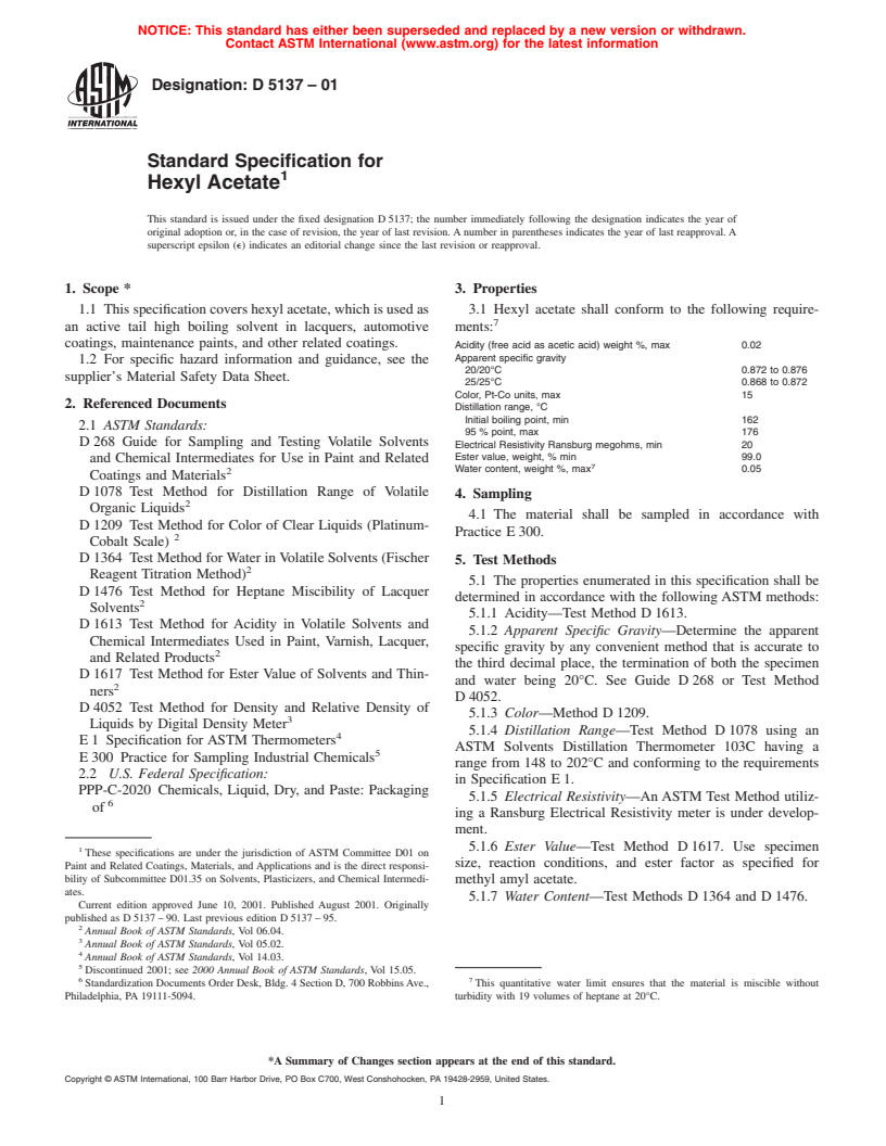 ASTM D5137-01 - Standard Specification for Hexyl Acetate