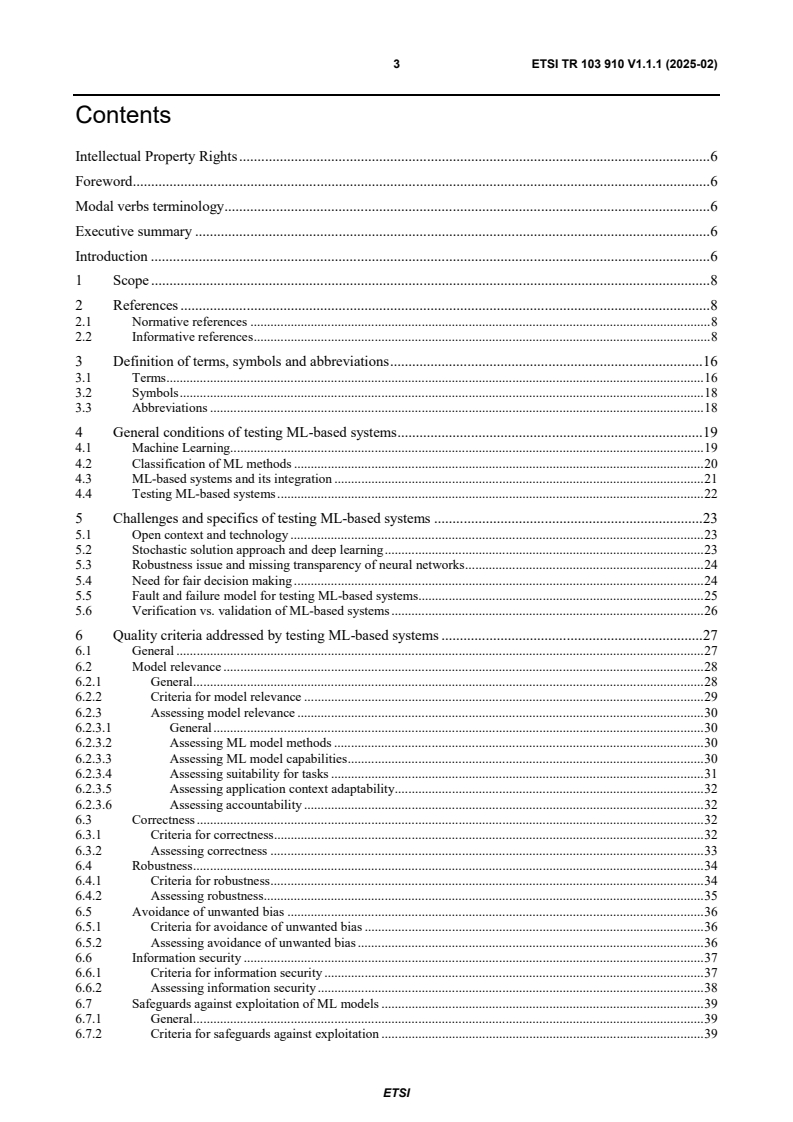 ETSI TR 103 910 V1.1.1 (2025-02) - Methods for Testing and Specification (MTS); AI Testing; Test Methodology and Test Specification for ML-based Systems