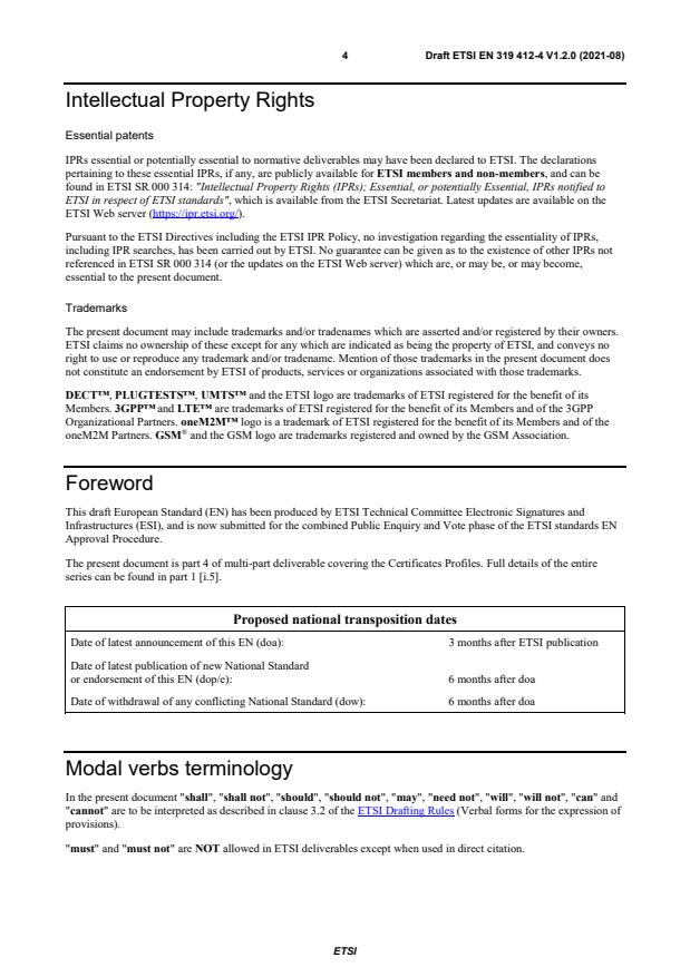 SIST EN 319 412-4 V1.2.1:2022 ETSI EN 319 412-4 V1.2.0 (2021-08) - Electronic Signatures and Infrastructures (ESI); Certificate Profiles; Part 4: Certificate profile for web site certificates - Page 4 preview