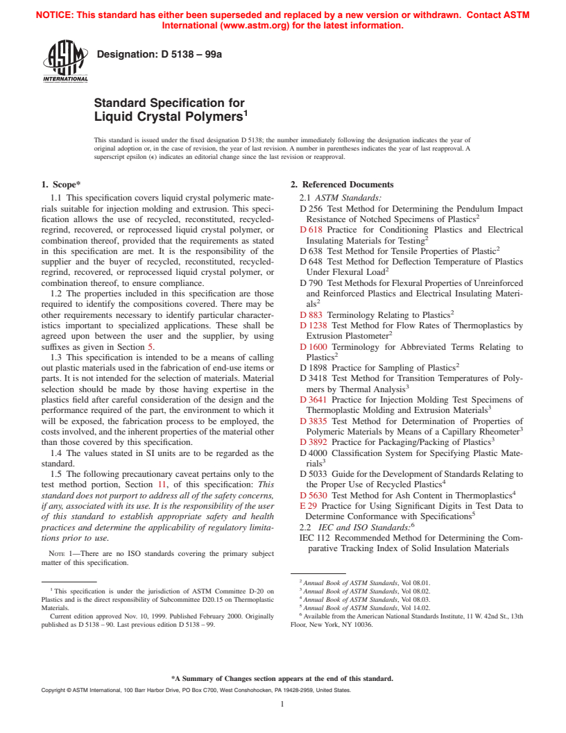 ASTM D5138-99a - Standard Specification for Liquid Crystal Polymers