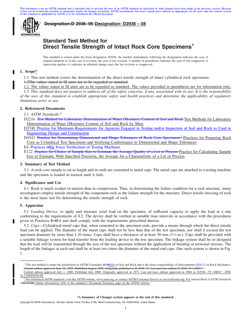 REDLINE ASTM D2936-08 - Standard Test Method for  Direct Tensile Strength of Intact Rock Core Specimens (Withdrawn 2017)