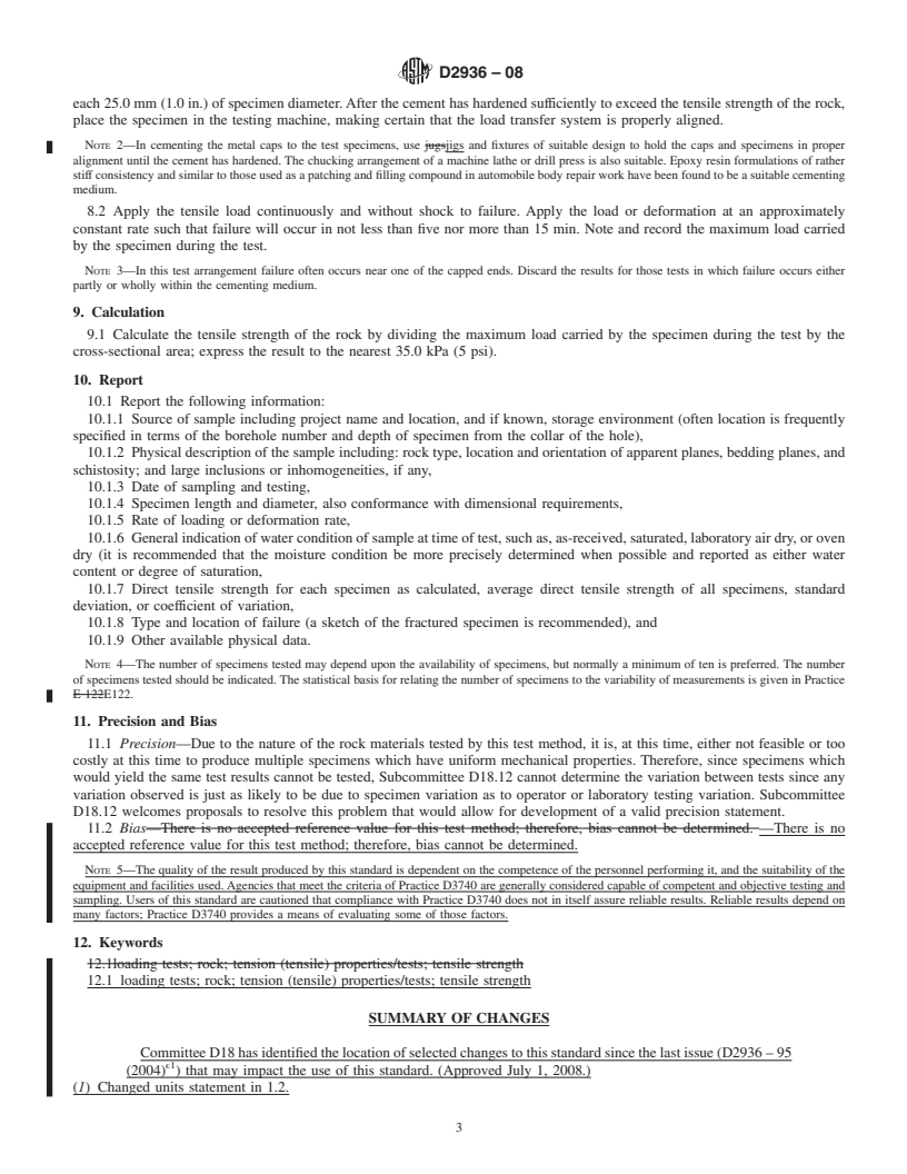 REDLINE ASTM D2936-08 - Standard Test Method for  Direct Tensile Strength of Intact Rock Core Specimens (Withdrawn 2017)