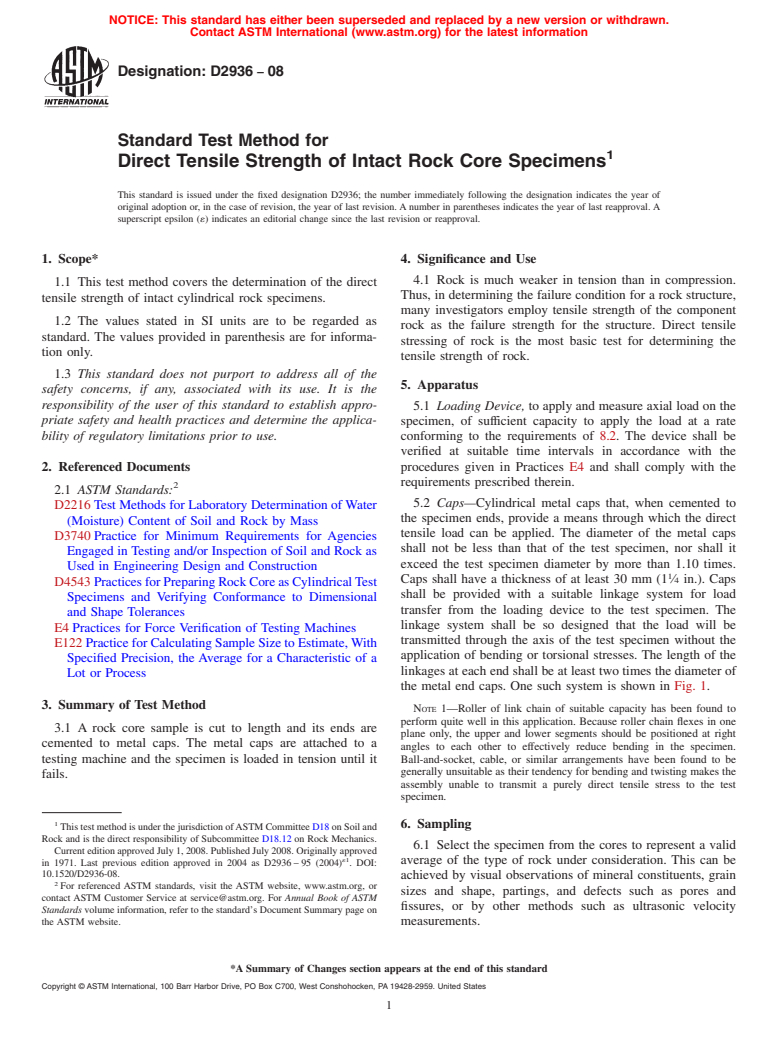 ASTM D2936-08 - Standard Test Method for  Direct Tensile Strength of Intact Rock Core Specimens (Withdrawn 2017)