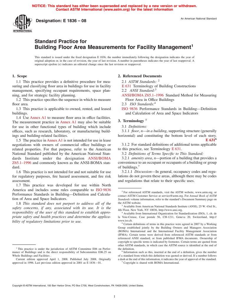 ASTM E1836-08 - Standard Practice for Building Floor Area Measurements for Facility Management