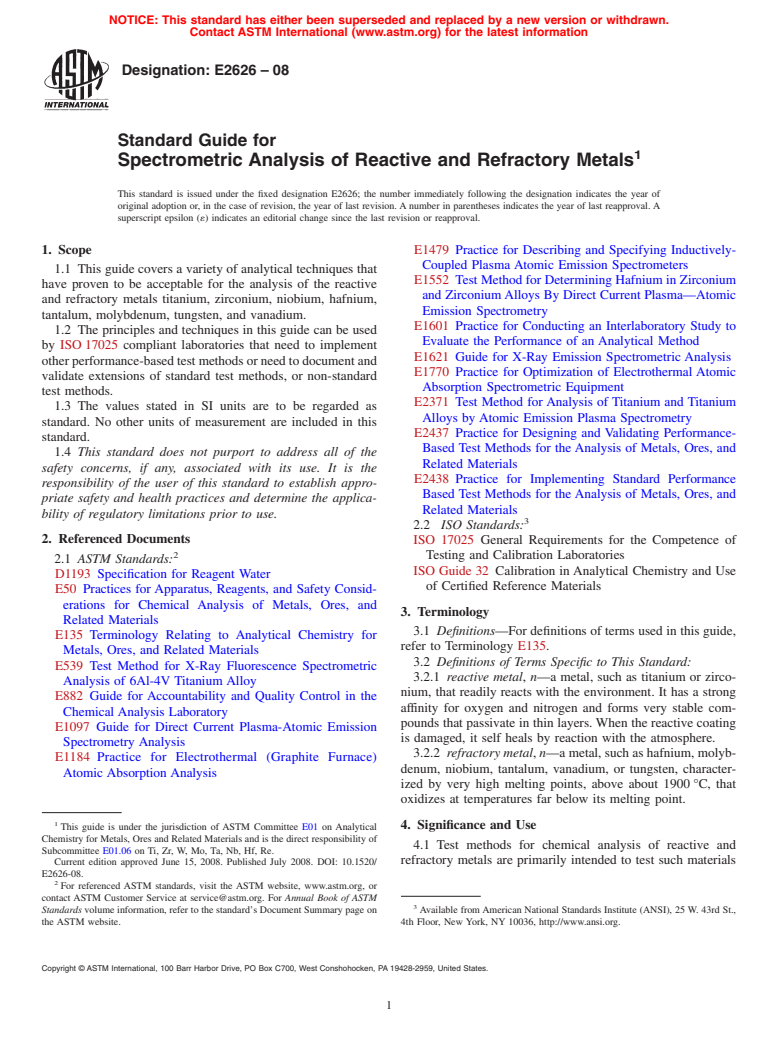 ASTM E2626-08 - Standard Guide for Spectrometric Analysis of Reactive and Refractory Metals