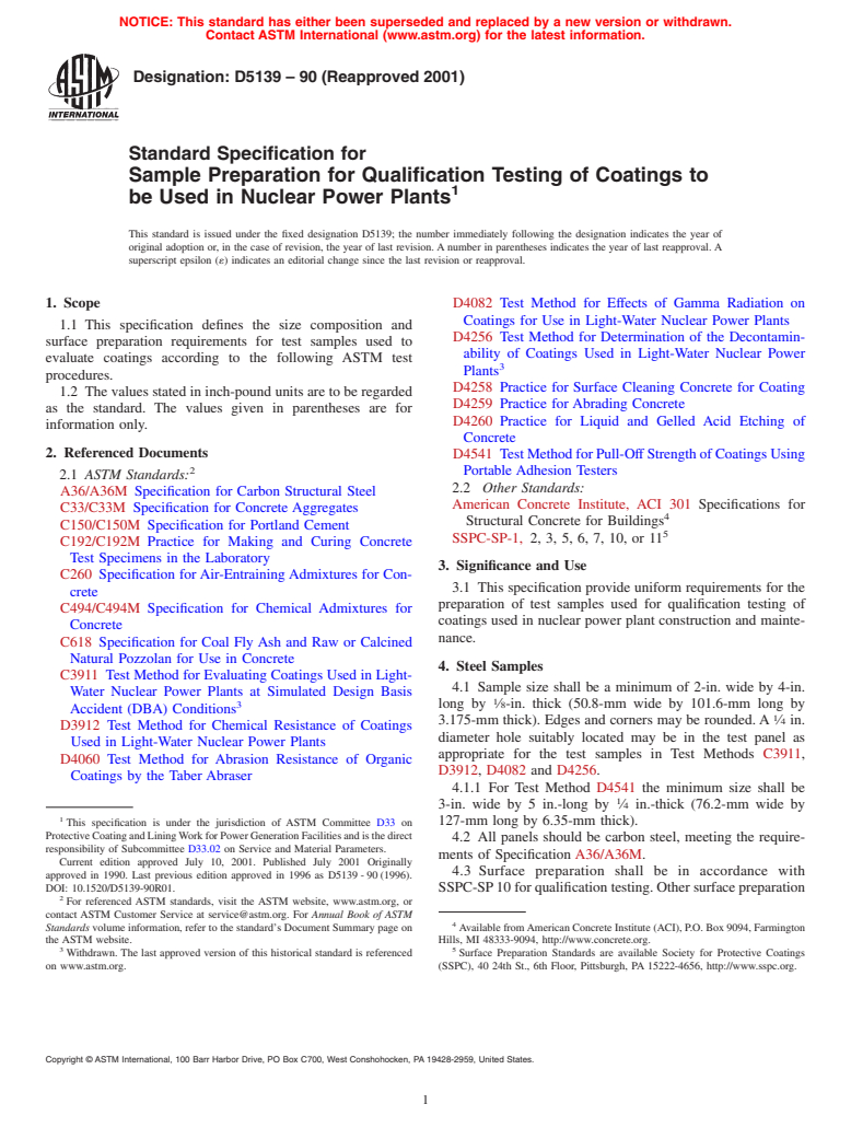 ASTM D5139-90(2001) - Standard Specification for Sample Preparation for Qualification Testing of Coatings to be Used in Nuclear Power Plants (Withdrawn 2010)