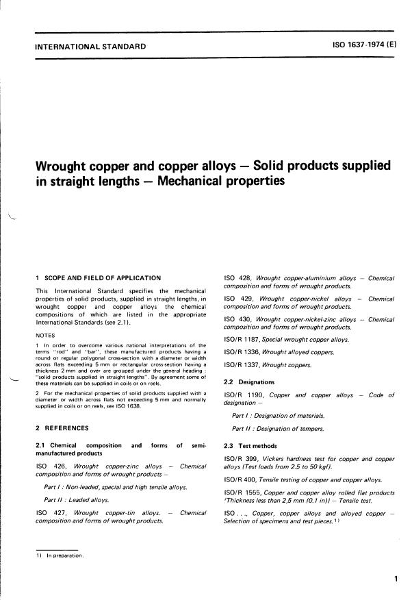 ISO 1637:1974 - Wrought copper and copper alloys -- Solid products supplied in straight lengths -- Mechanical properties