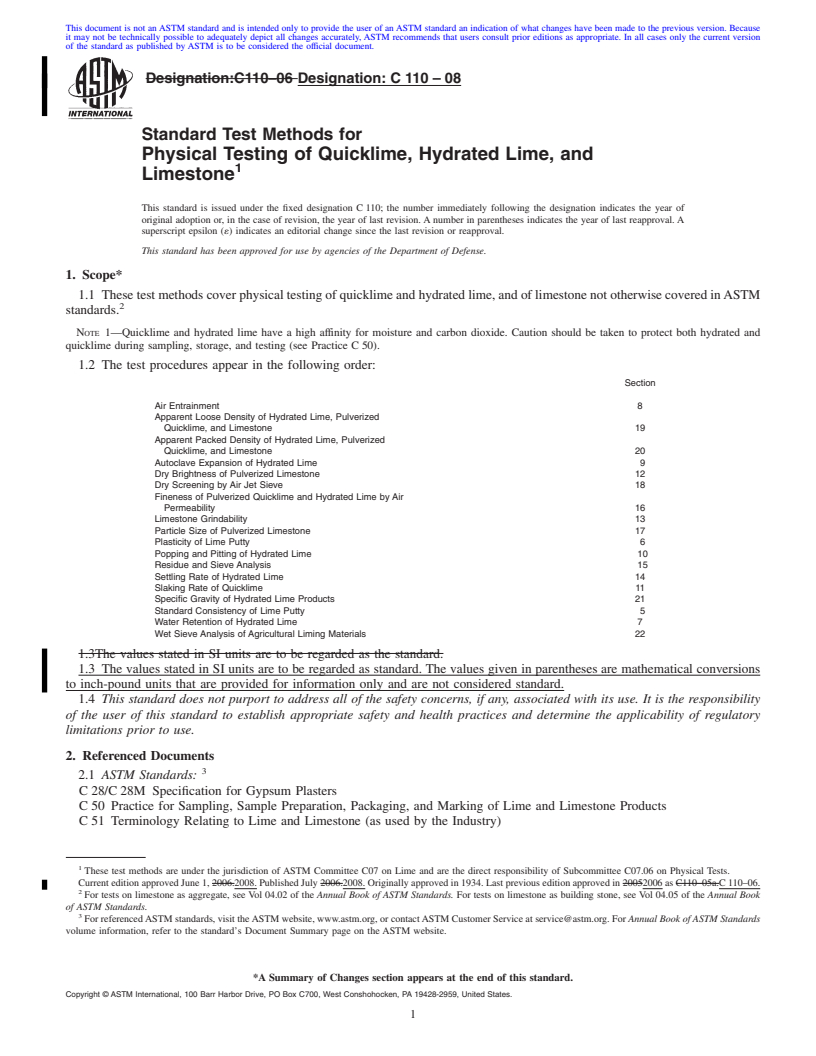 REDLINE ASTM C110-08 - Standard Test Methods for  Physical Testing of Quicklime, Hydrated Lime, and Limestone