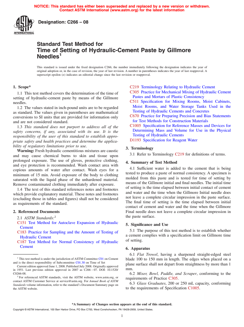 ASTM C266-08 - Standard Test Method for  Time of Setting of Hydraulic-Cement Paste by Gillmore Needles