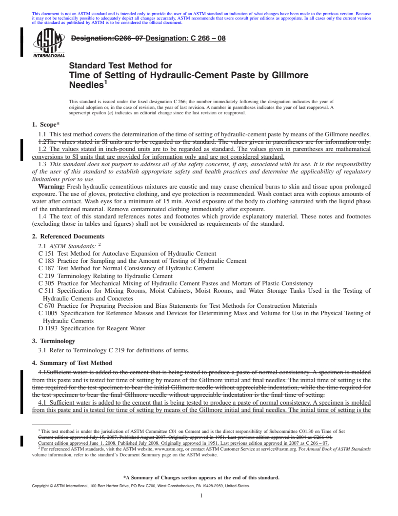 REDLINE ASTM C266-08 - Standard Test Method for  Time of Setting of Hydraulic-Cement Paste by Gillmore Needles