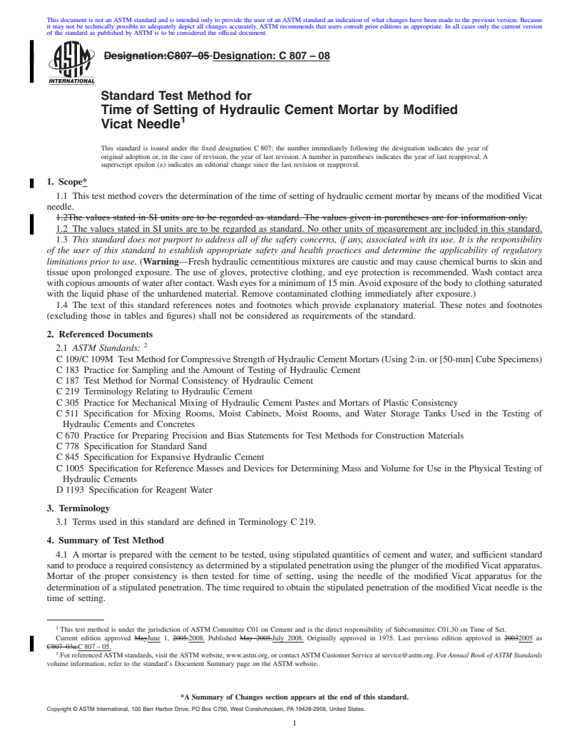 REDLINE ASTM C807-08 - Standard Test Method for  Time of Setting of Hydraulic Cement Mortar by Modified Vicat Needle