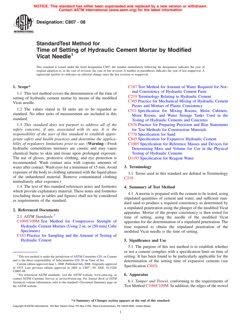 ASTM C807-08 - Standard Test Method for  Time of Setting of Hydraulic Cement Mortar by Modified Vicat Needle