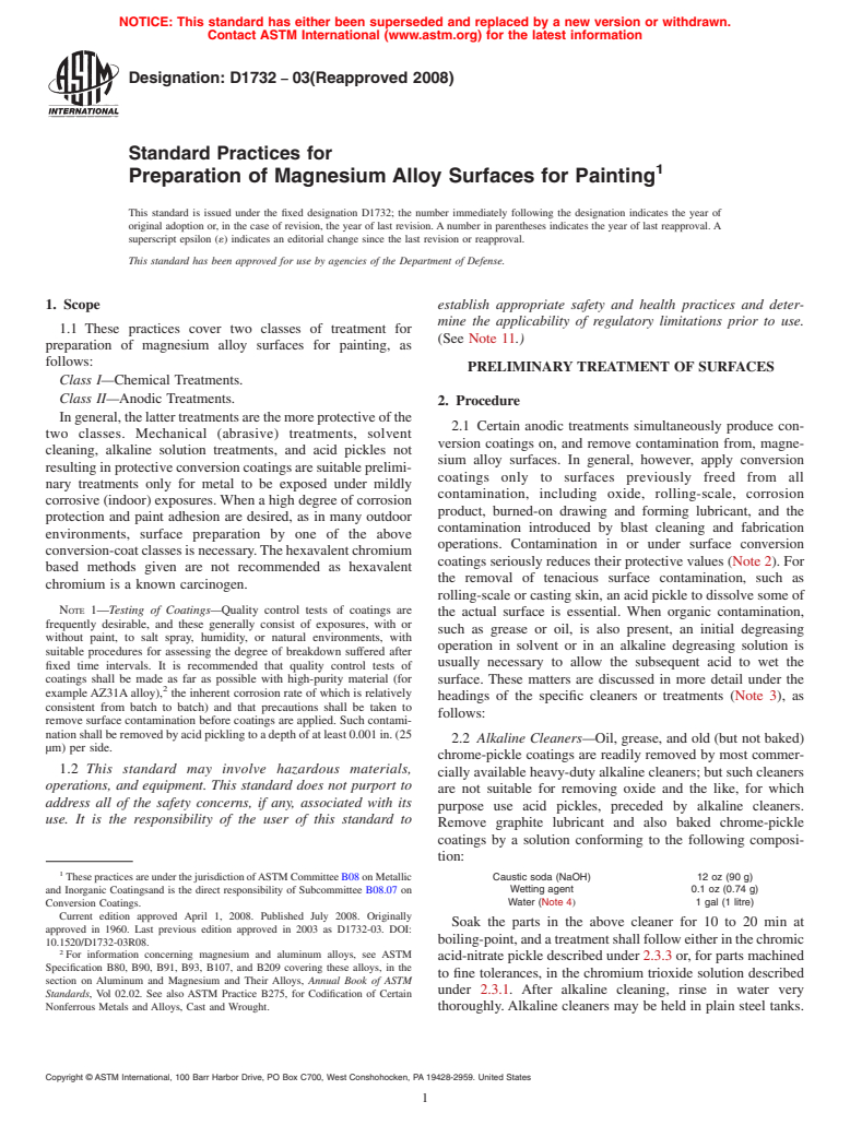 ASTM D1732-03(2008) - Standard Practices for  Preparation of Magnesium Alloy Surfaces for Painting