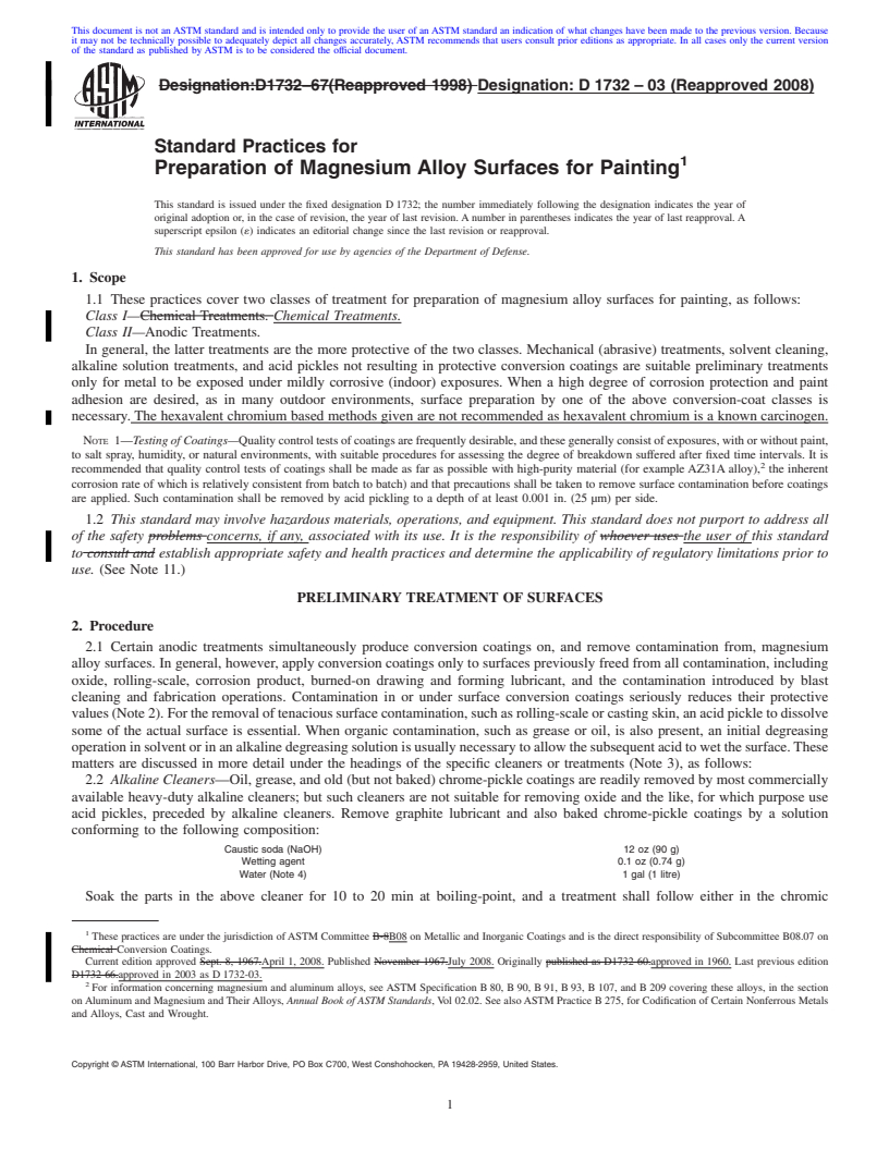 REDLINE ASTM D1732-03(2008) - Standard Practices for  Preparation of Magnesium Alloy Surfaces for Painting