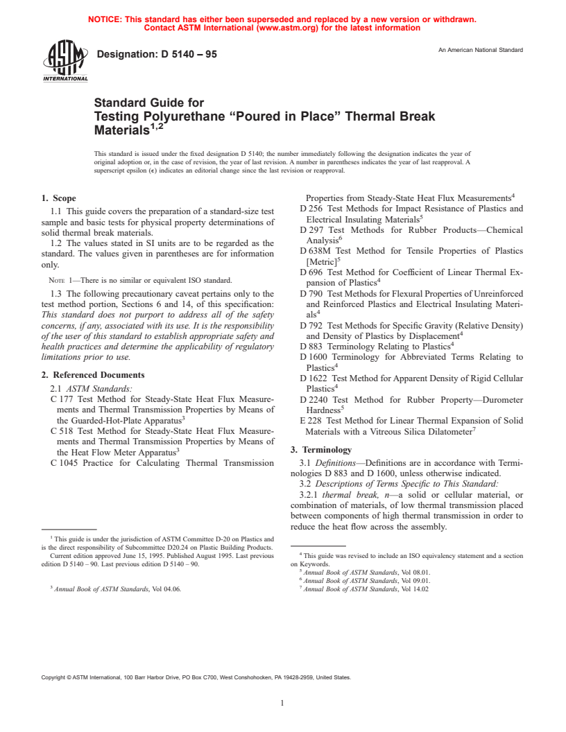 ASTM D5140-95 - Standard Guide for Testing Polyurethane "Poured in Place" Thermal Break Materials (Withdrawn 2004)