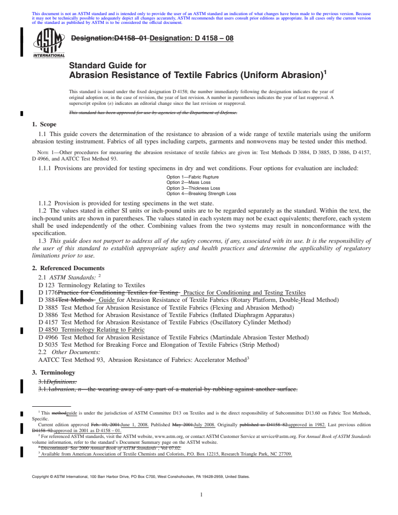 REDLINE ASTM D4158-08 - Standard Guide for Abrasion Resistance of Textile Fabrics (Uniform Abrasion)