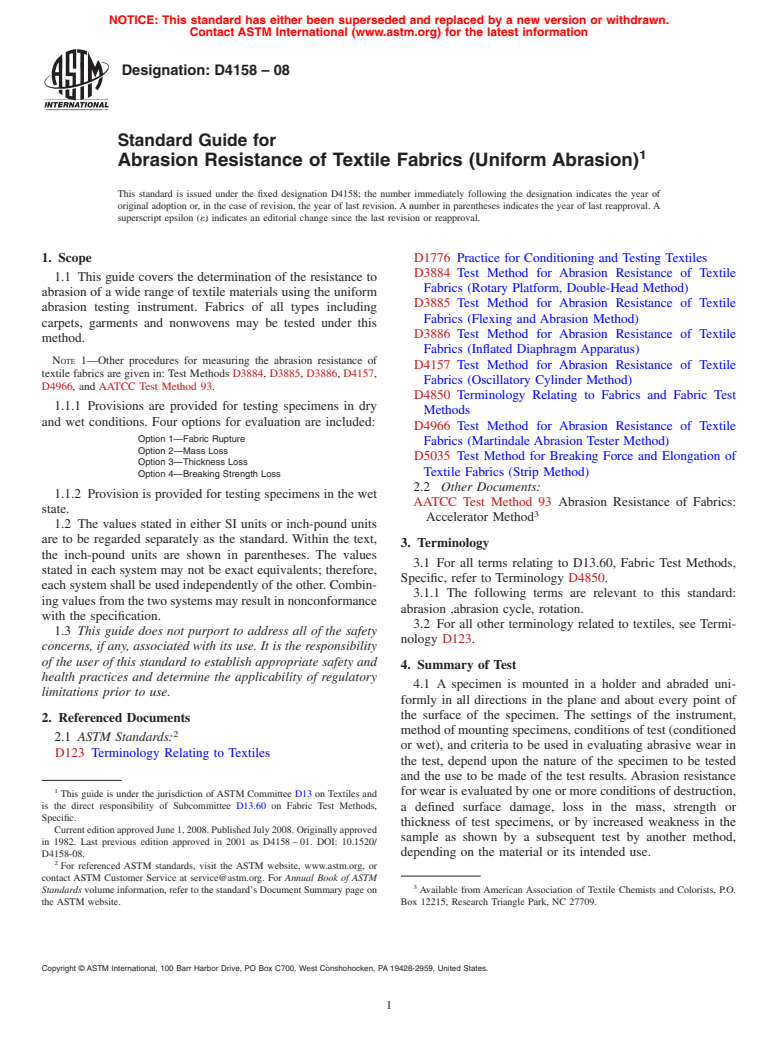 ASTM D4158-08 - Standard Guide for Abrasion Resistance of Textile Fabrics (Uniform Abrasion)