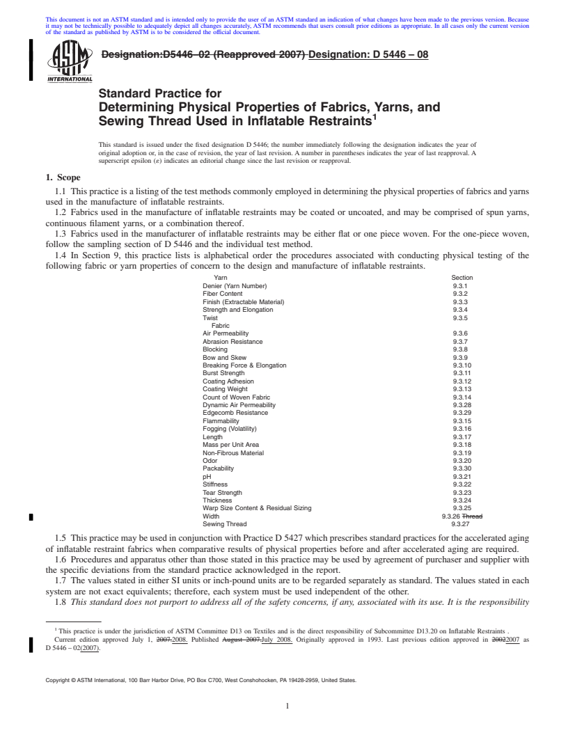 REDLINE ASTM D5446-08 - Standard Practice for  Determining Physical Properties of Fabrics, Yarns, and Sewing Thread Used in Inflatable Restraints