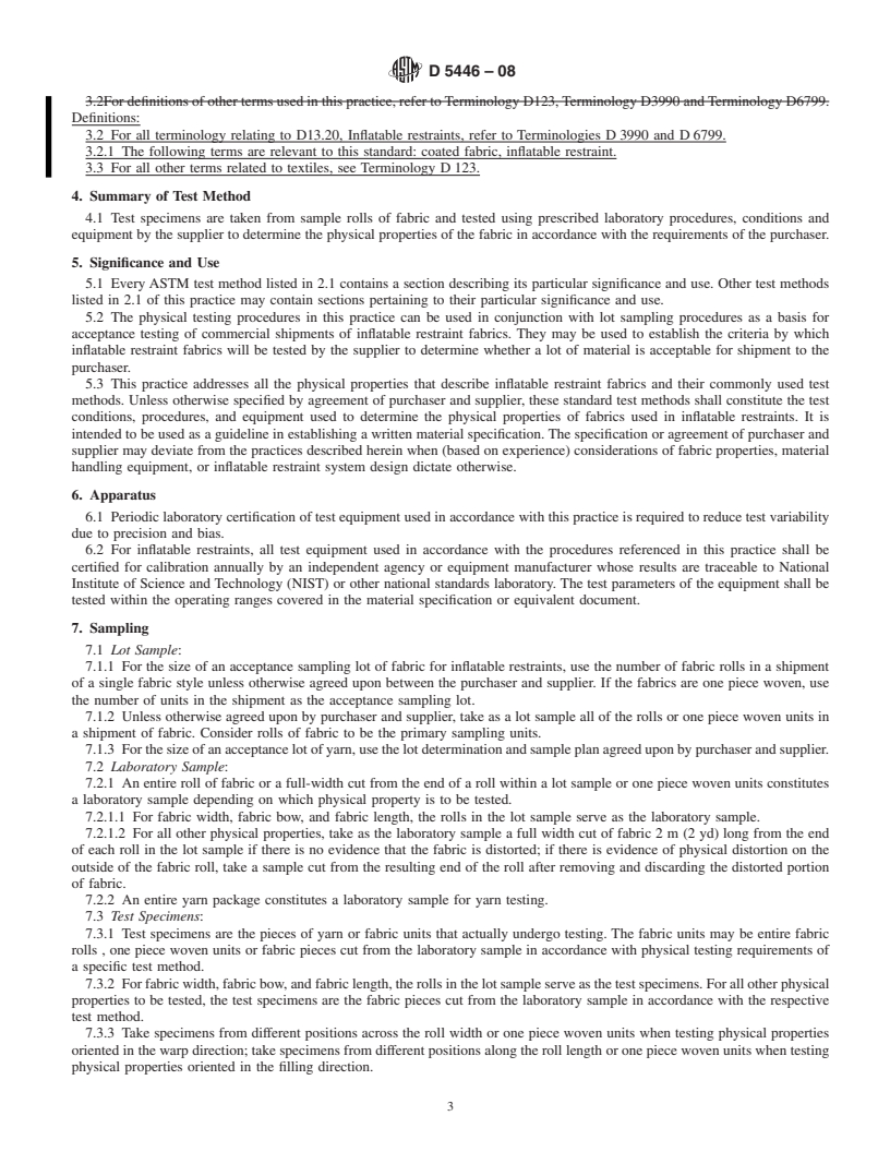 REDLINE ASTM D5446-08 - Standard Practice for  Determining Physical Properties of Fabrics, Yarns, and Sewing Thread Used in Inflatable Restraints