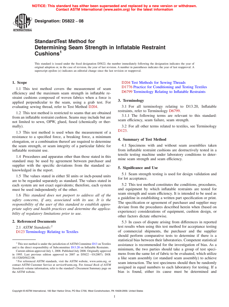 ASTM D5822-08 - Standard Test Method for Determining Seam Strength in Inflatable Restraint Cushions