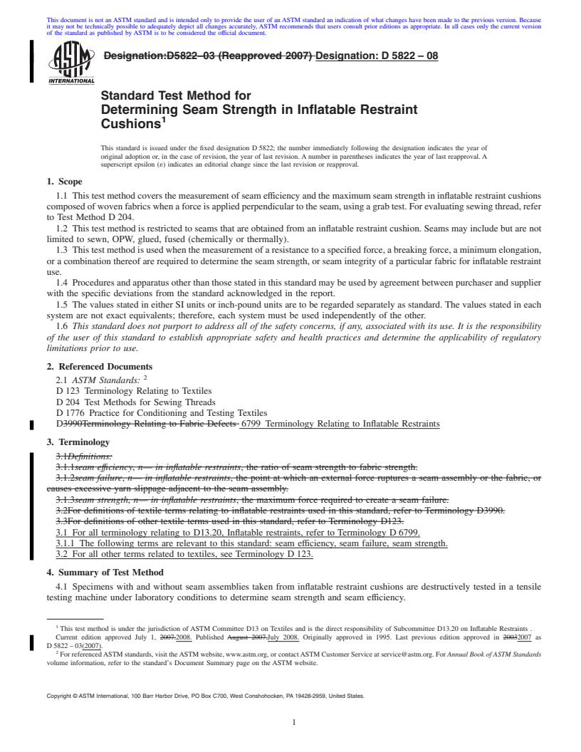 REDLINE ASTM D5822-08 - Standard Test Method for Determining Seam Strength in Inflatable Restraint Cushions