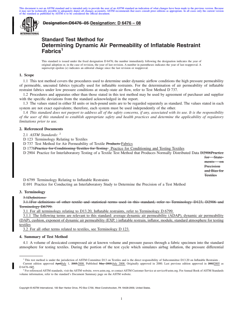 REDLINE ASTM D6476-08 - Standard Test Method for Determining Dynamic Air Permeability of Inflatable Restraint Fabrics