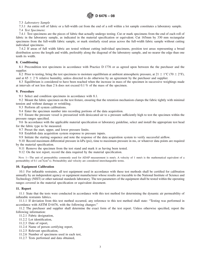 REDLINE ASTM D6476-08 - Standard Test Method for Determining Dynamic Air Permeability of Inflatable Restraint Fabrics