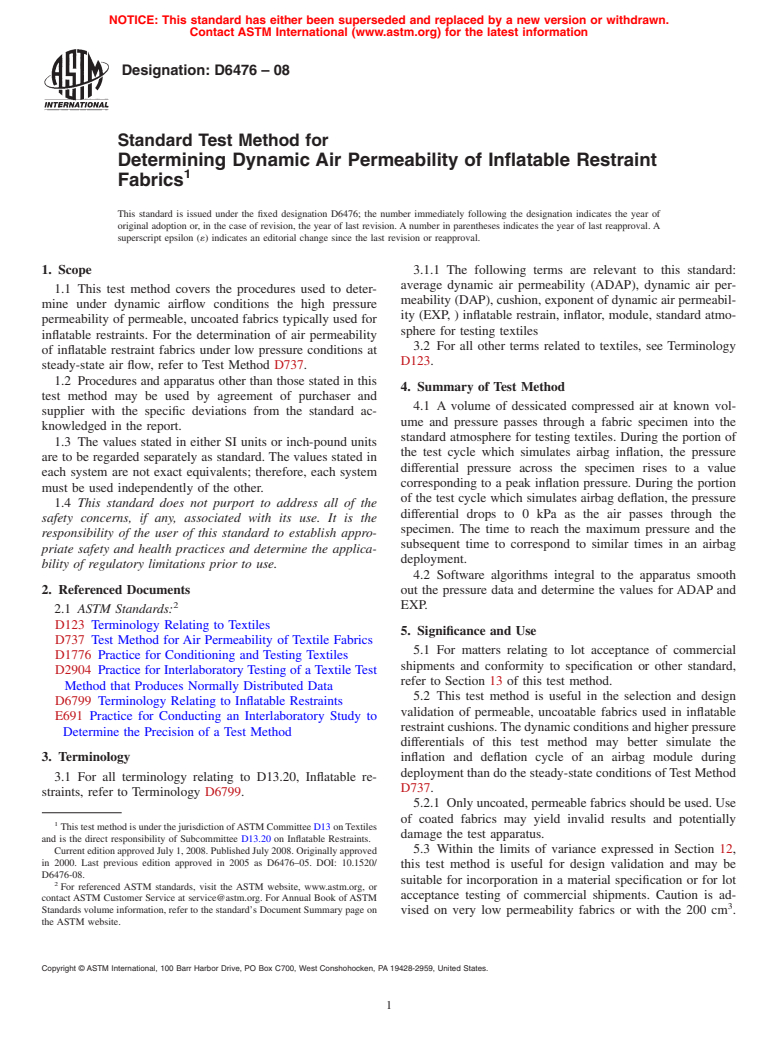 ASTM D6476-08 - Standard Test Method for Determining Dynamic Air Permeability of Inflatable Restraint Fabrics