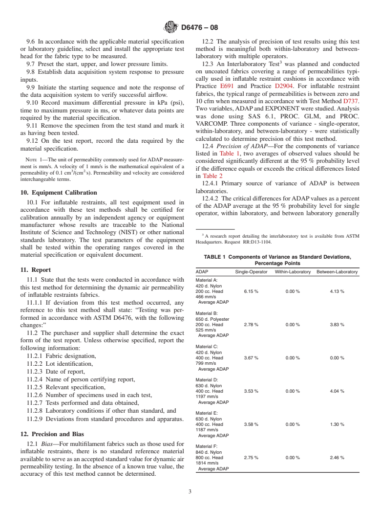 ASTM D6476-08 - Standard Test Method for Determining Dynamic Air Permeability of Inflatable Restraint Fabrics