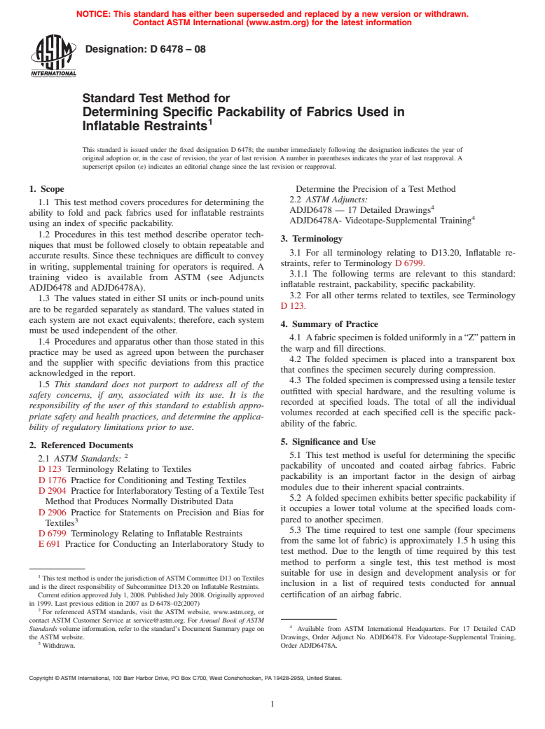 ASTM D6478-08 - Standard Test Method for Determining Specific Packability of Fabrics Used in Inflatable Restraints