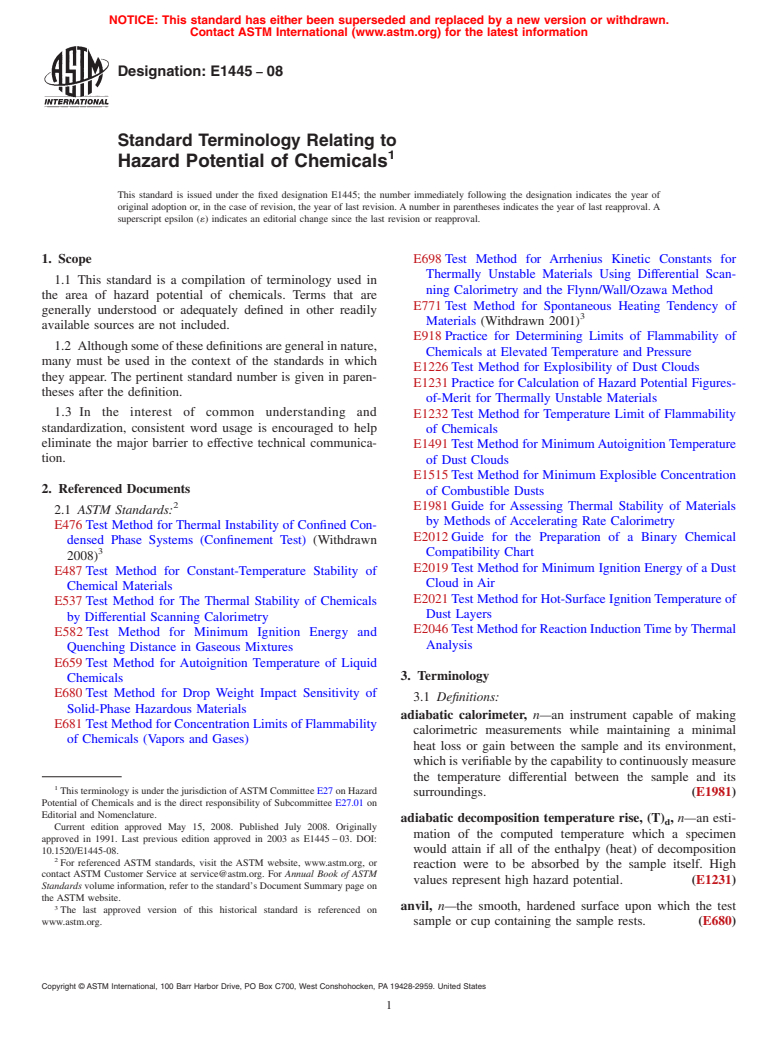 ASTM E1445-08 - Standard Terminology Relating to  Hazard Potential of Chemicals