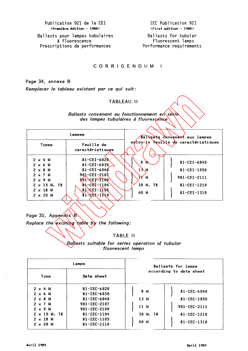 IEC 60921:1988/COR1:1989 - Corrigendum 1 - Ballasts for tubular fluorescent lamps. Performance requirements
Released:4/1/1989