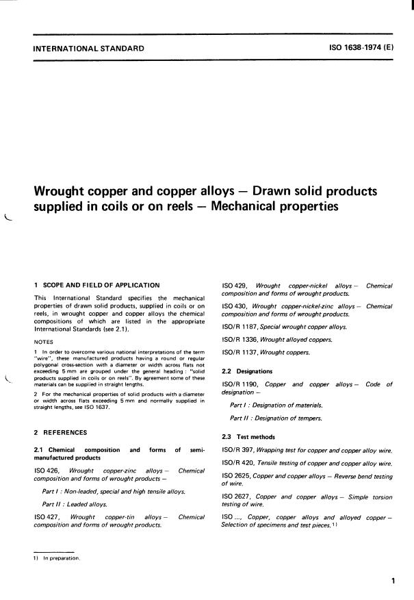 ISO 1638:1974 - Wrought copper and copper alloys -- Drawn solid products supplied in coils or on reels -- Mechanical properties