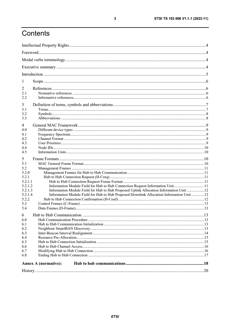 ETSI TS 103 806 V1.1.1 (2023-11) - Smart Body Area Network (SmartBAN); Hub to Hub Communication for SmartBAN Medium Access Control (MAC)