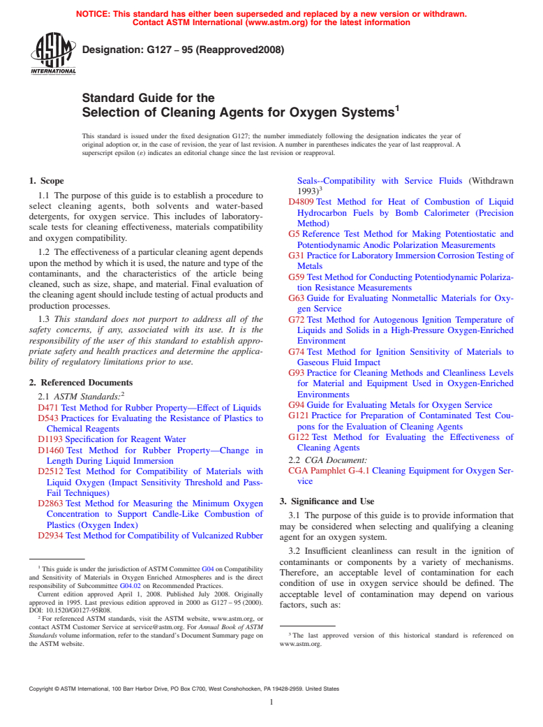 ASTM G127-95(2008) - Standard Guide for the  Selection of Cleaning Agents for Oxygen Systems