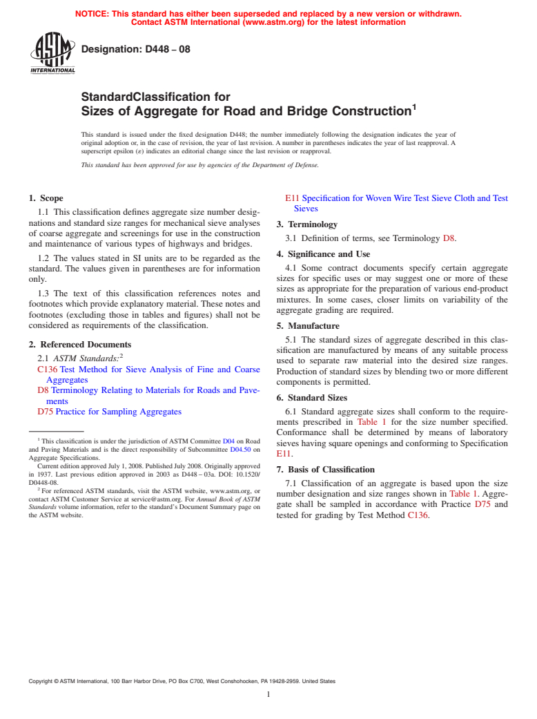 ASTM D448-08 - Standard Classification for  Sizes of Aggregate for Road and Bridge Construction
