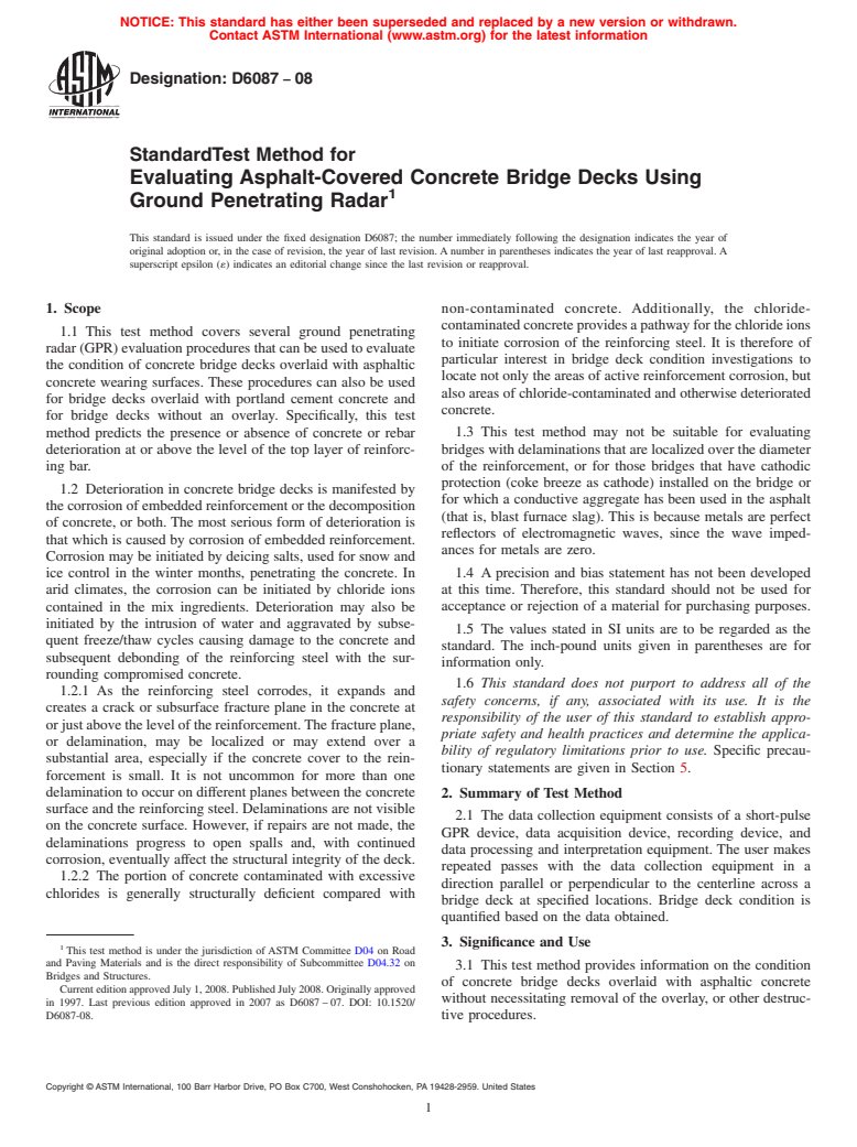 ASTM D6087-08 - Standard Test Method for Evaluating Asphalt-Covered Concrete Bridge Decks Using Ground Penetrating Radar