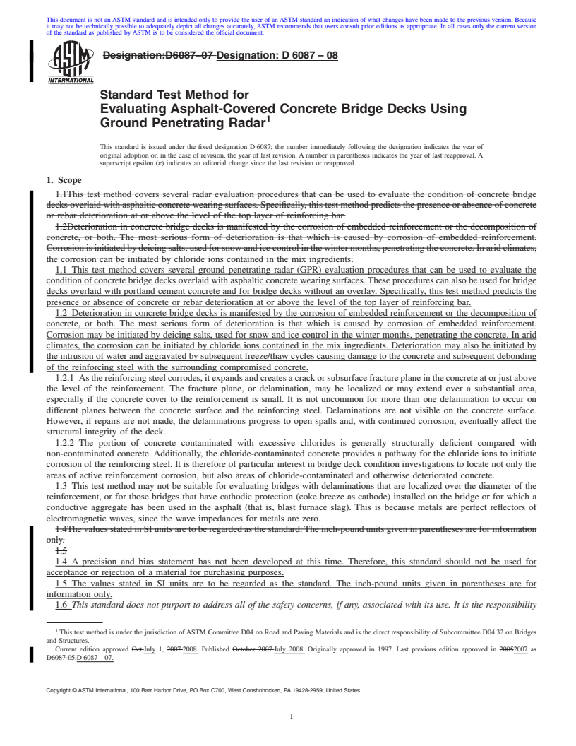 REDLINE ASTM D6087-08 - Standard Test Method for Evaluating Asphalt-Covered Concrete Bridge Decks Using Ground Penetrating Radar