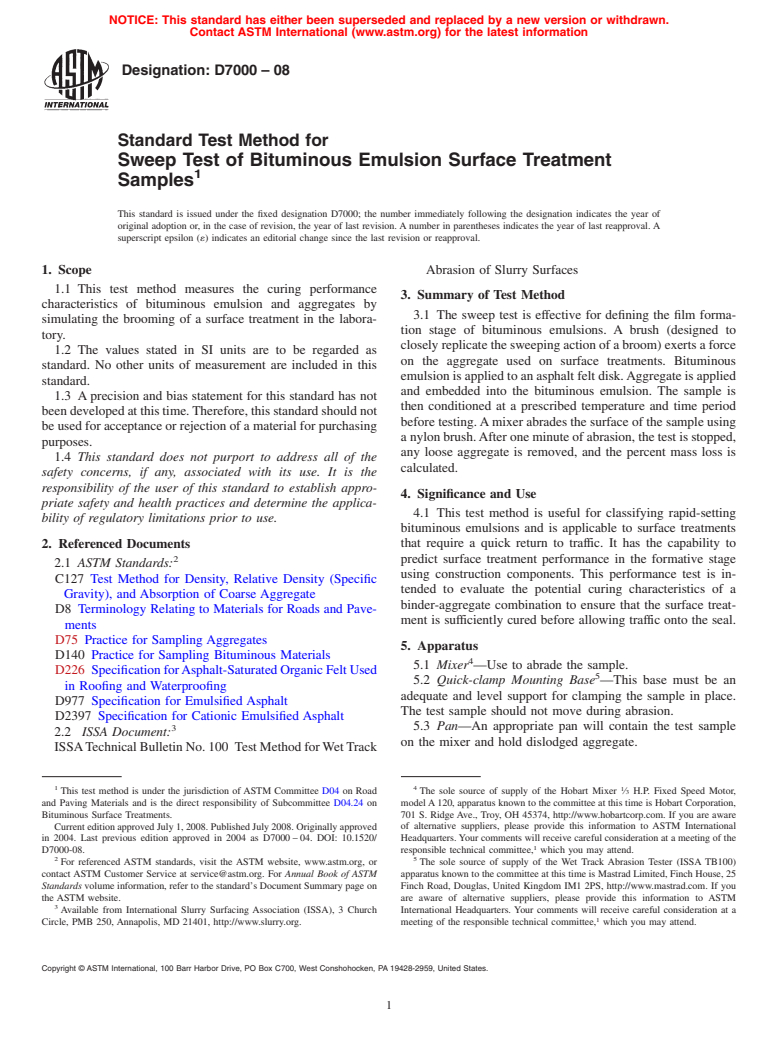 ASTM D7000-08 - Standard Test Method for Sweep Test of Bituminous Emulsion Surface Treatment Samples