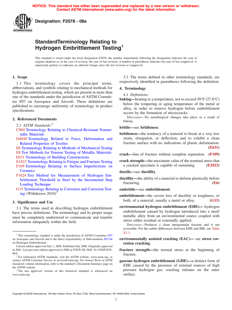 ASTM F2078-08a - Standard Terminology Relating to Hydrogen Embrittlement Testing